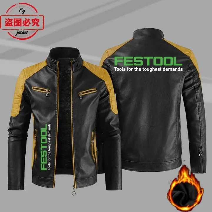 Leather Work Jacket Mens - Festool Logo Printed Work Clothes Spring