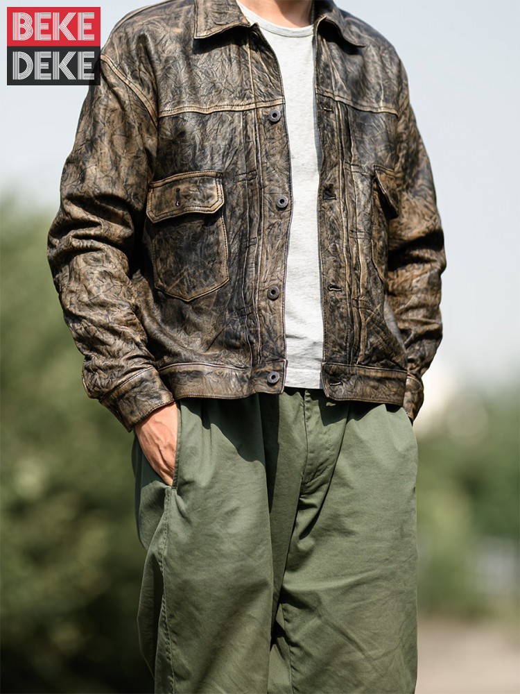 Vintage Wrinkled Real Sheepski - Leather Work Jacket Mens reseña y precio