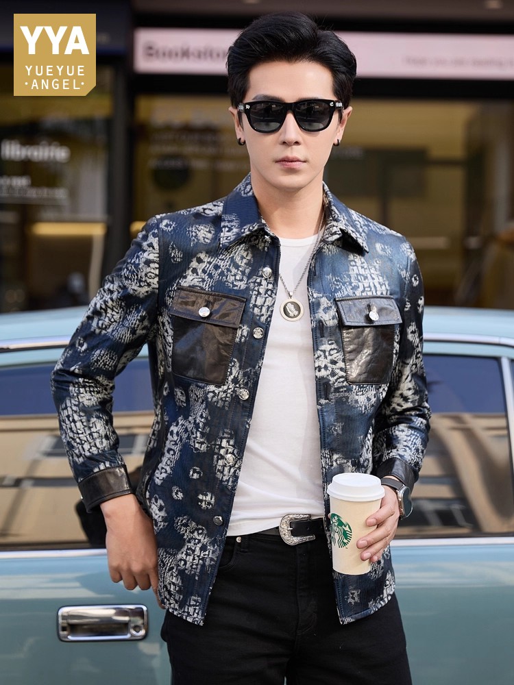 Luxury New Fashion Floral Prin - Leather Work Jacket Mens reseña y precio