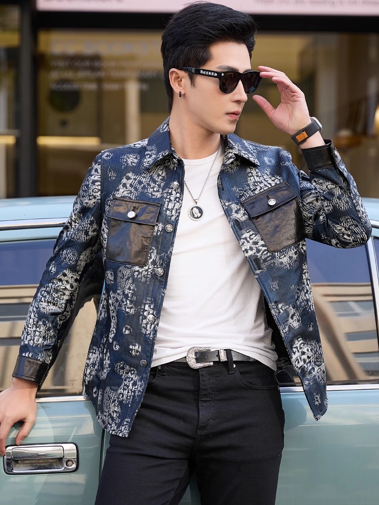 Luxury New Fashion Floral Prin - Leather Work Jacket Mens reseña y precio