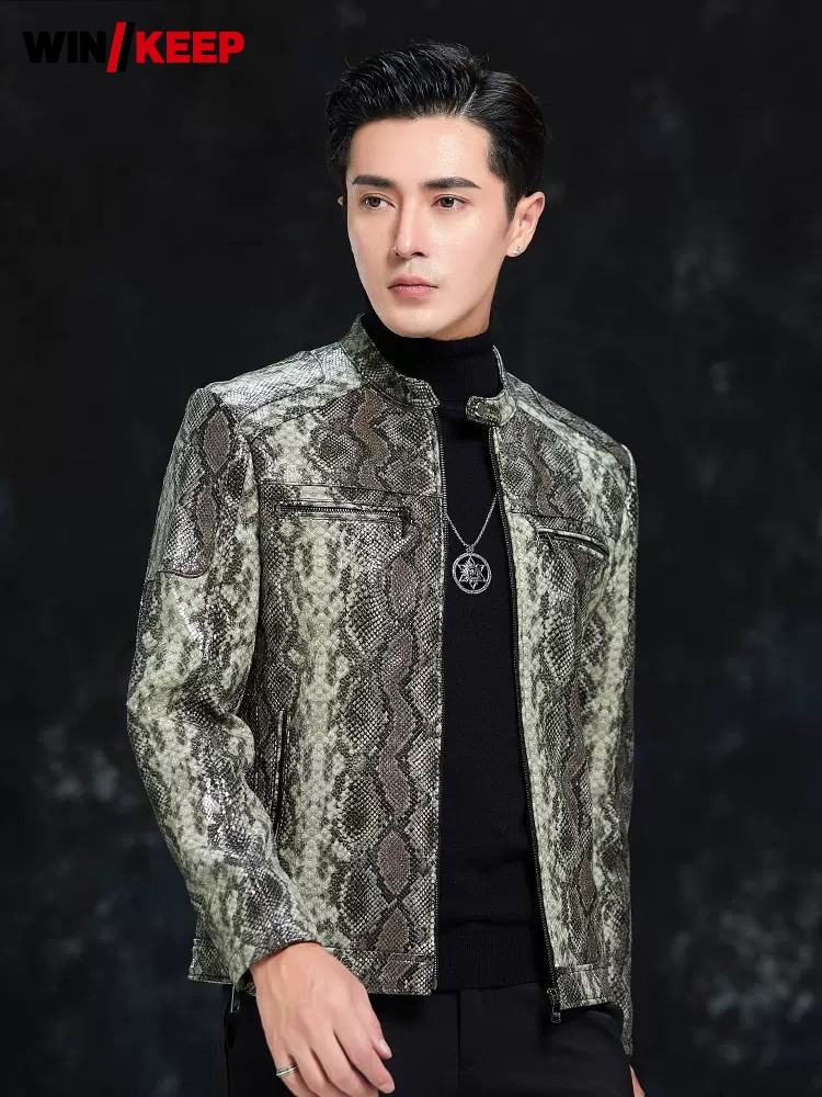 Spring Men Snake Pattern Sheep - Leather Work Jacket Mens reseña y precio