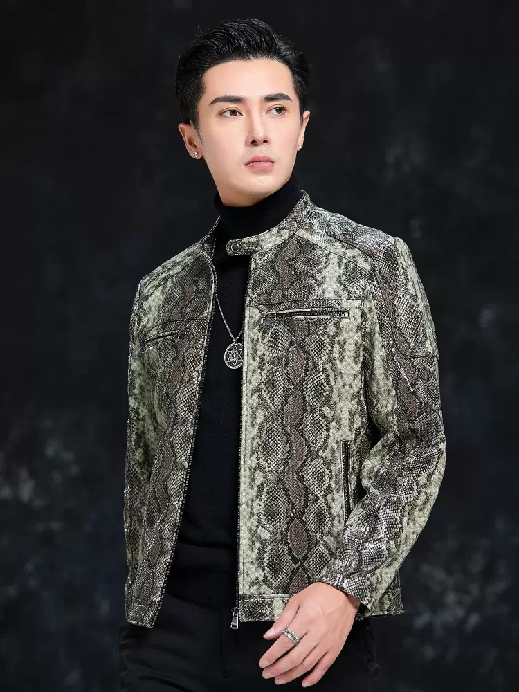 Spring Men Snake Pattern Sheep - Leather Work Jacket Mens reseña y precio
