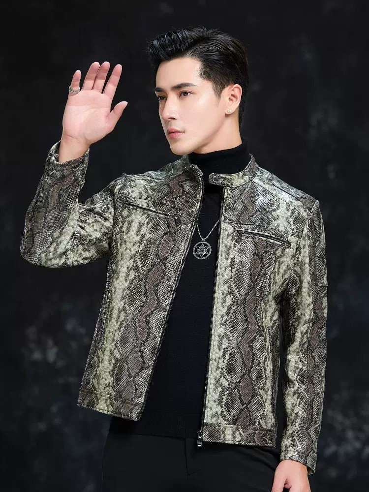 Spring Men Snake Pattern Sheep - Leather Work Jacket Mens reseña y precio