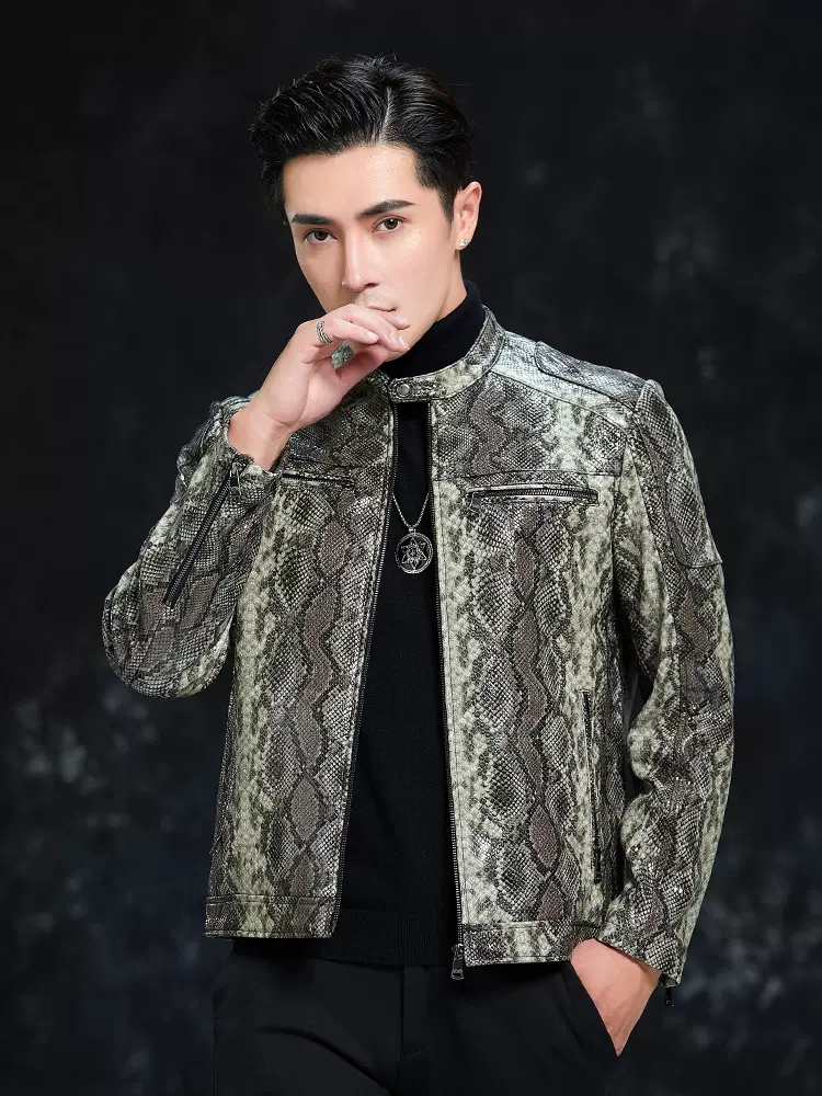 Spring Men Snake Pattern Sheep - Leather Work Jacket Mens reseña y precio