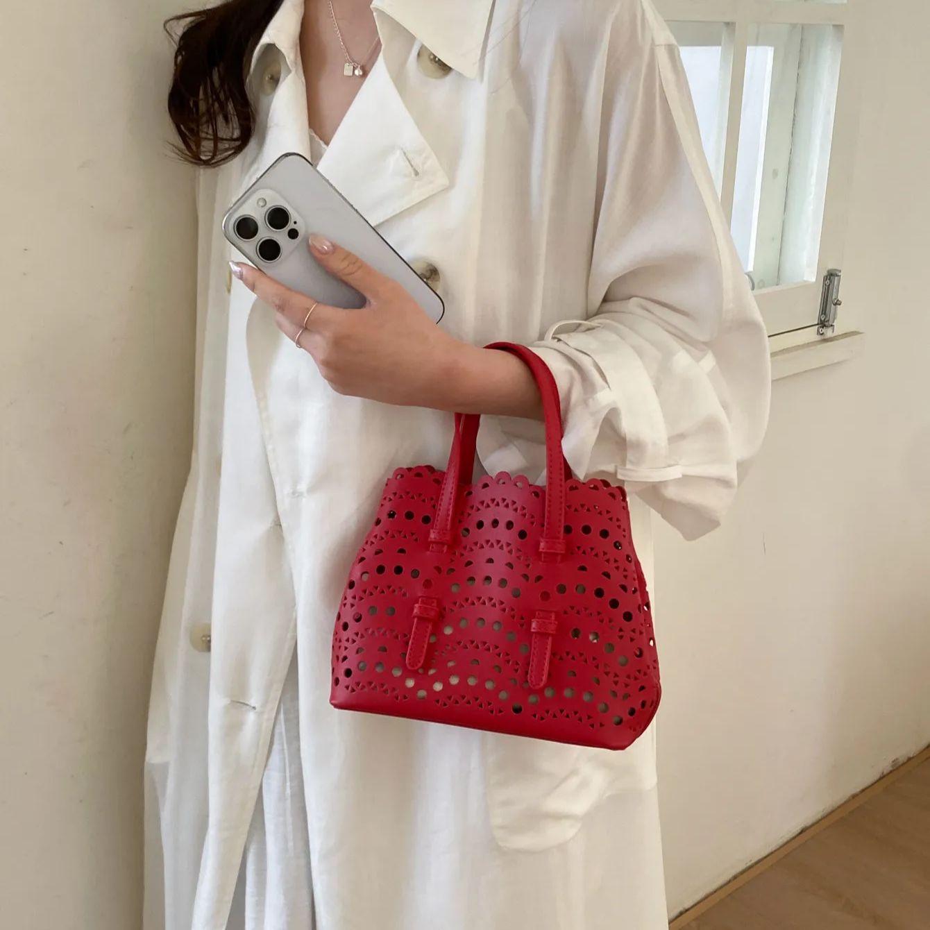 Red Hollow Printed Crossbody B - Leather Work Handbags For Women reseña y precio